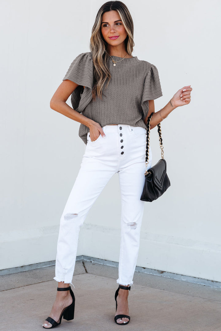 Solid Color Textured Flutter Sleeve Top
