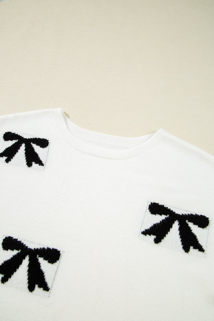bow pattern knit short sleeve sweater