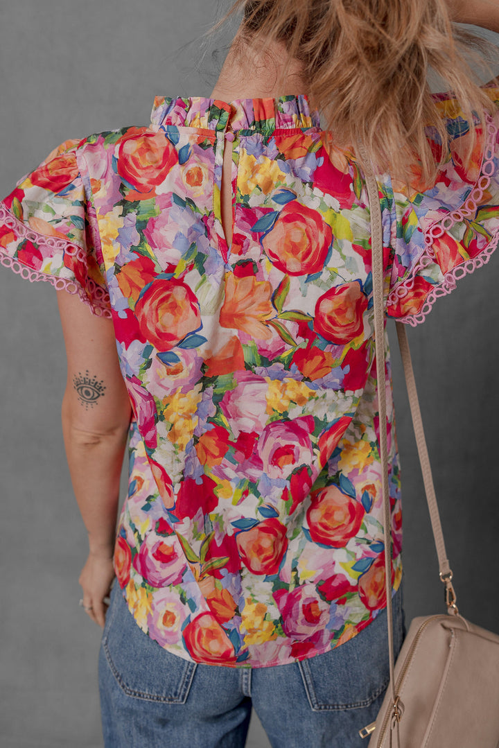 Lace Trim Ruffle Short Sleeve Floral Blouse
