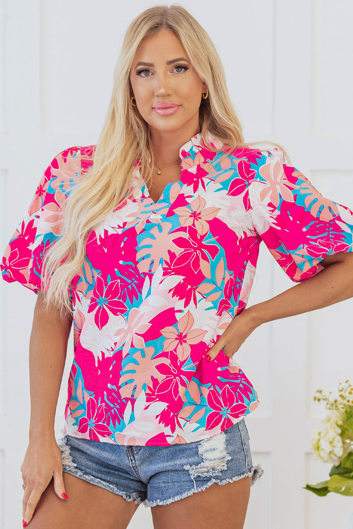 Tropical Plant Printed V Neck Puff Sleeve Blouse