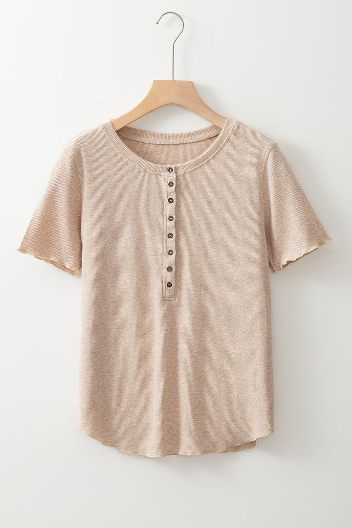 short sleeve half button ribbed knit top