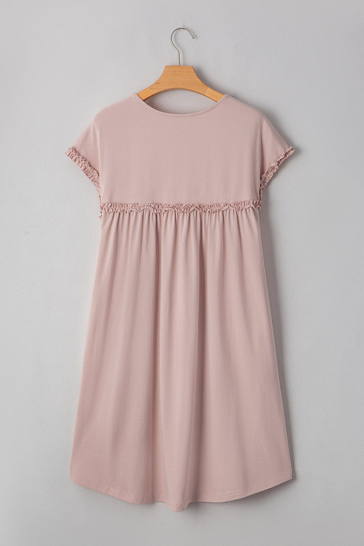 Frilled Trim Crew Neck Loose Fit Mini Dress