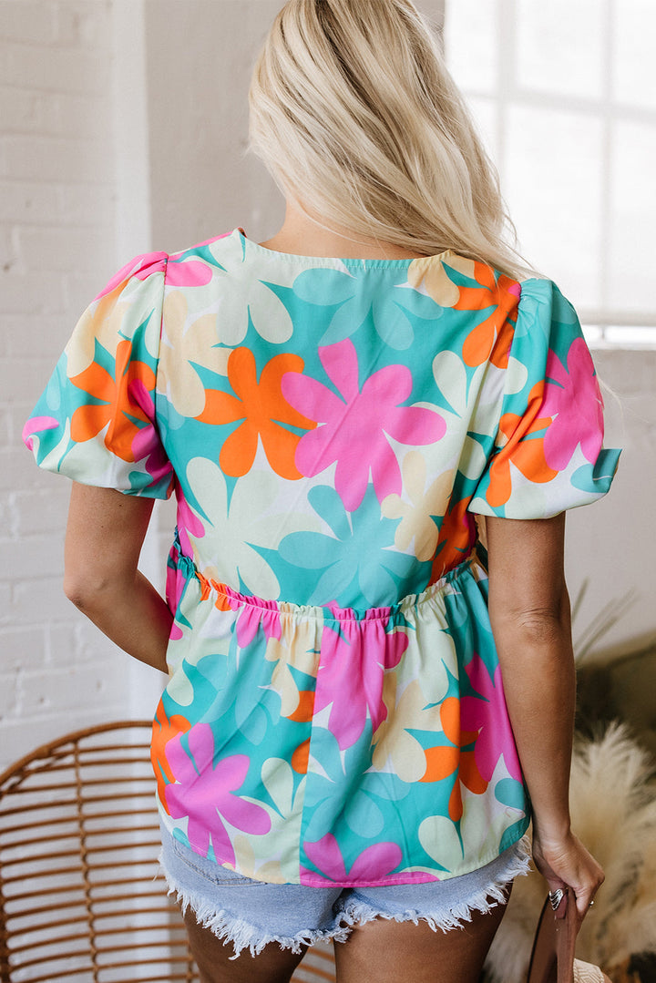 floral print bubble sleeve v neck peplum blouse