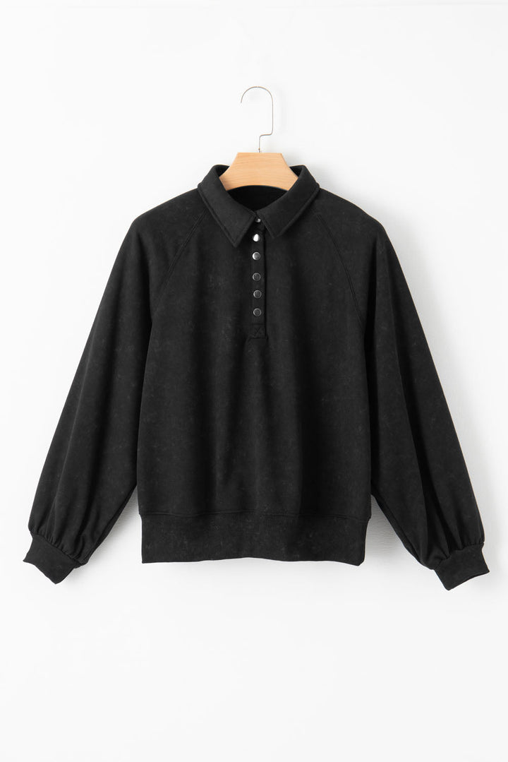 Washed Snap Buttons Lantern Sleeve Pullover Sweatshirt