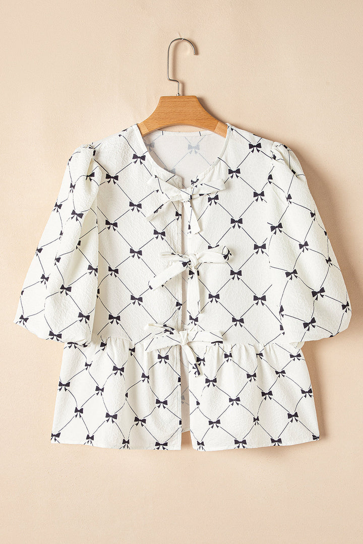 Bowknot Print Front Knots Bubble Sleeve Blouse