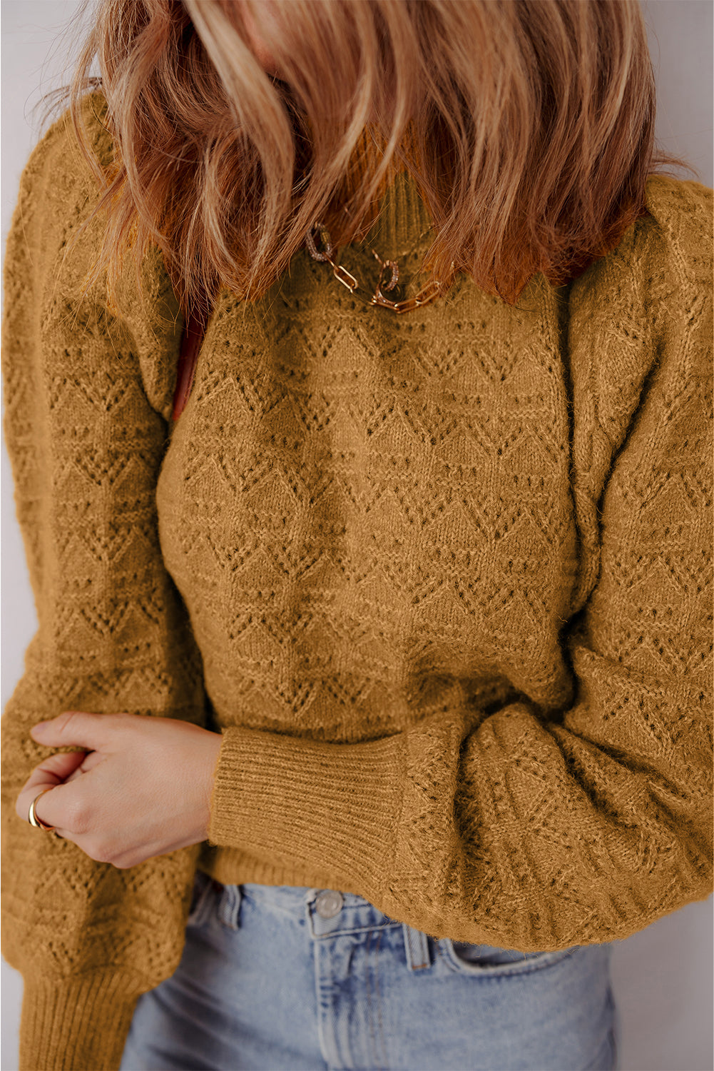 Hollow Out Crochet Ribbed Edge Balloon Sleeve Sweater