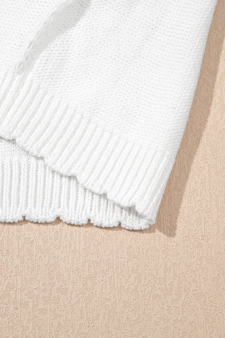 Pointelle Knit Short Puff Sleeve Crewneck Sweater