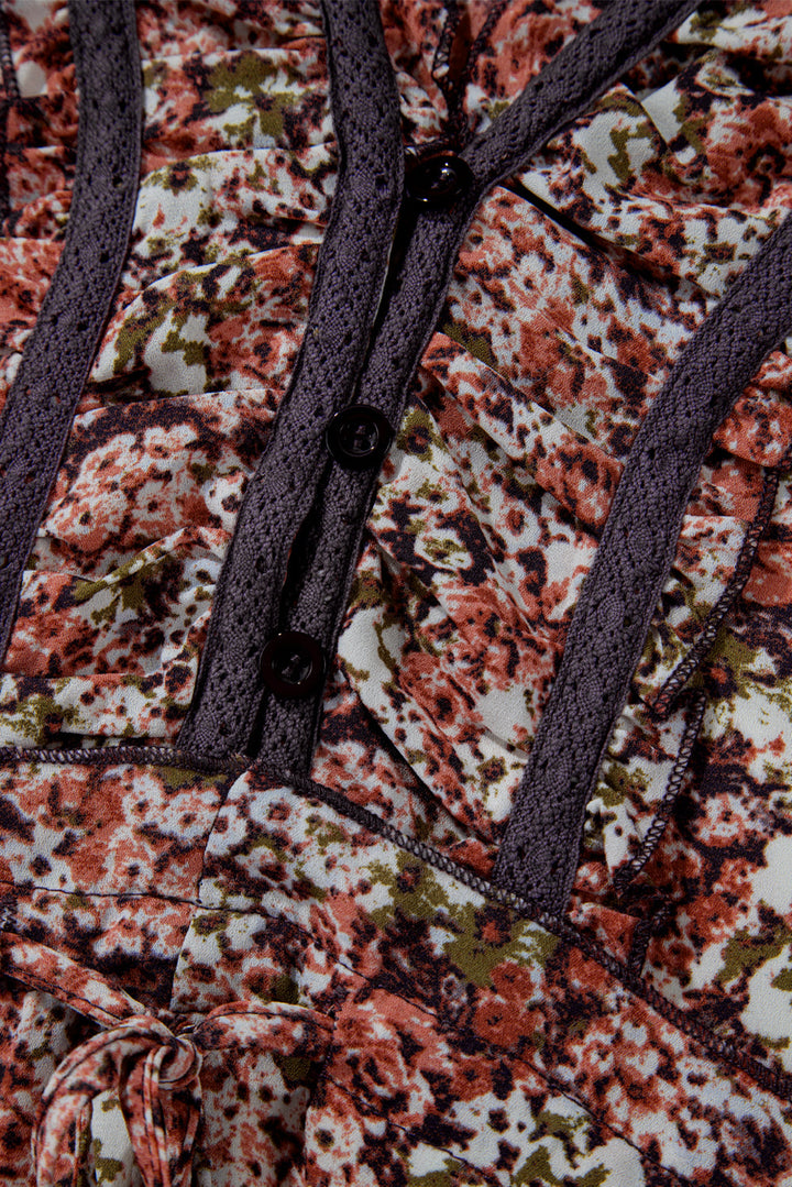 Floral Print Split Front Tiered Frilled V Neck Midi Dress