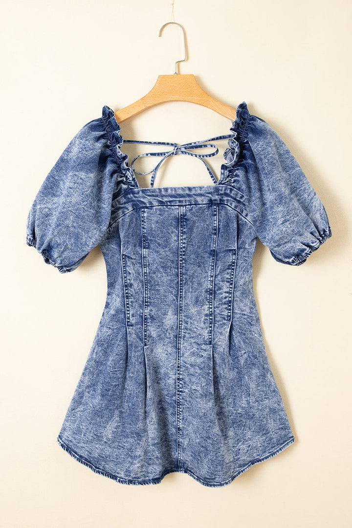 frilly square neck bustier puff sleeve short denim dress