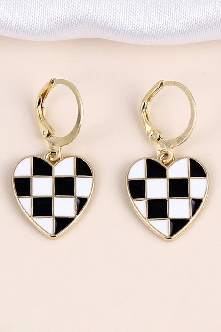 Checkered Heart Shape Hoop Dangle Earrings
