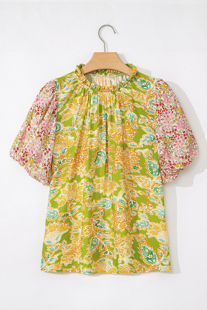 printed contrast bubble sleeve patchwork blouse