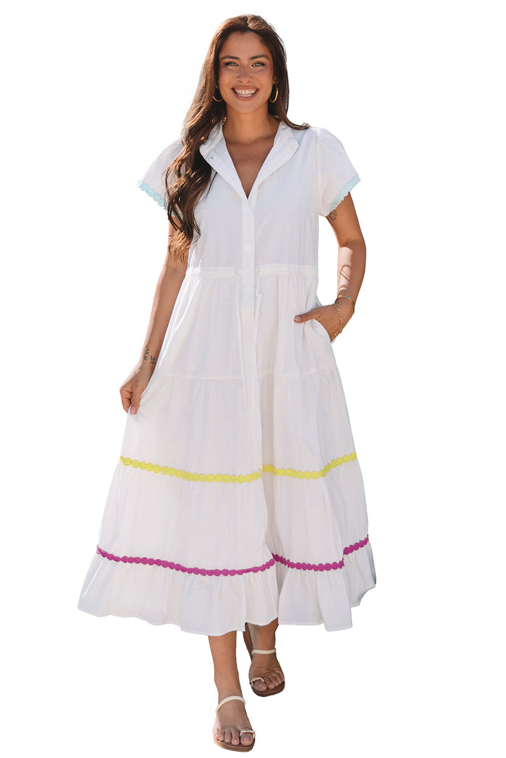 Colorblock Rickrack Trim Short Sleeve Drawstring Waist Long Dress