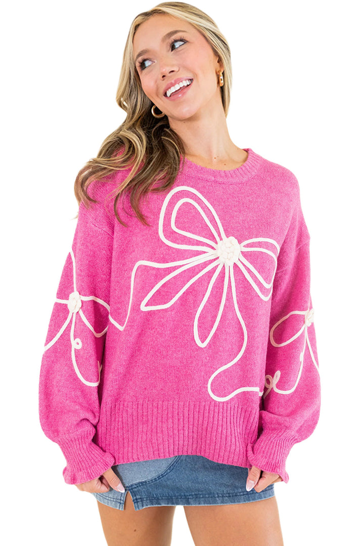 Corded Flower Bow Ribbed Trim Casual Sweater