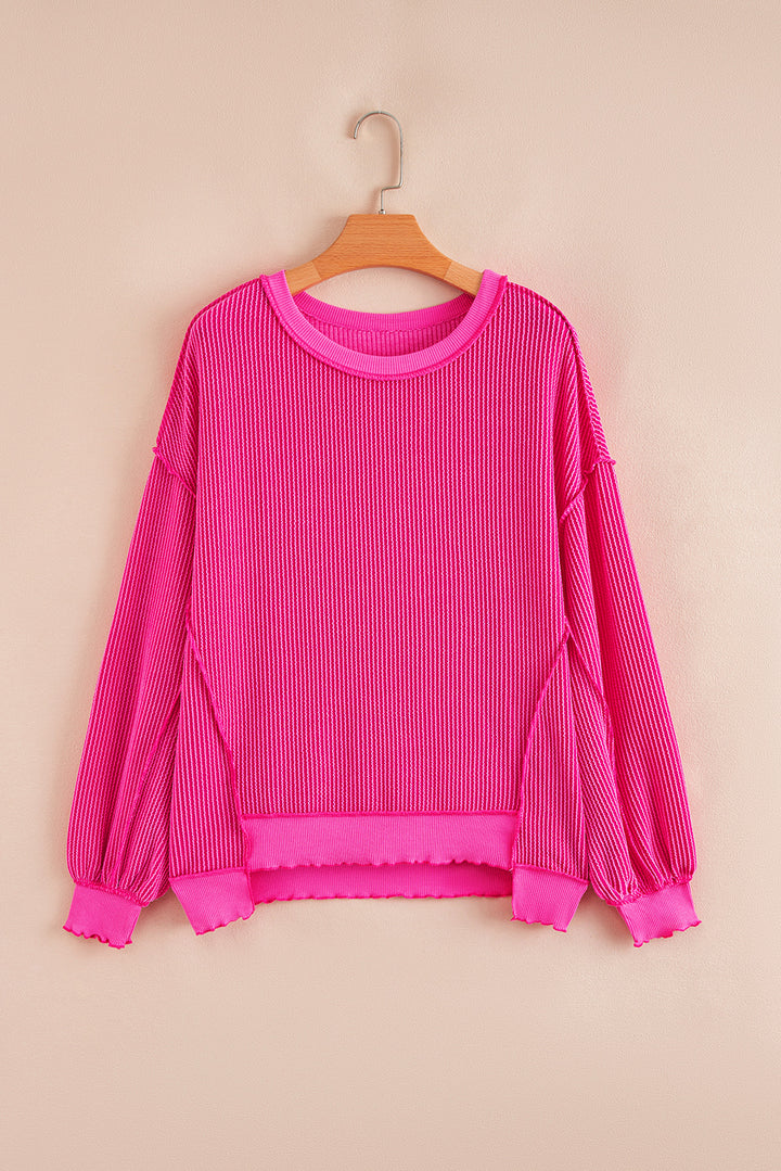 Pink Twisted Rib Uneven Hem Drop Shoulder Loose Knit Top