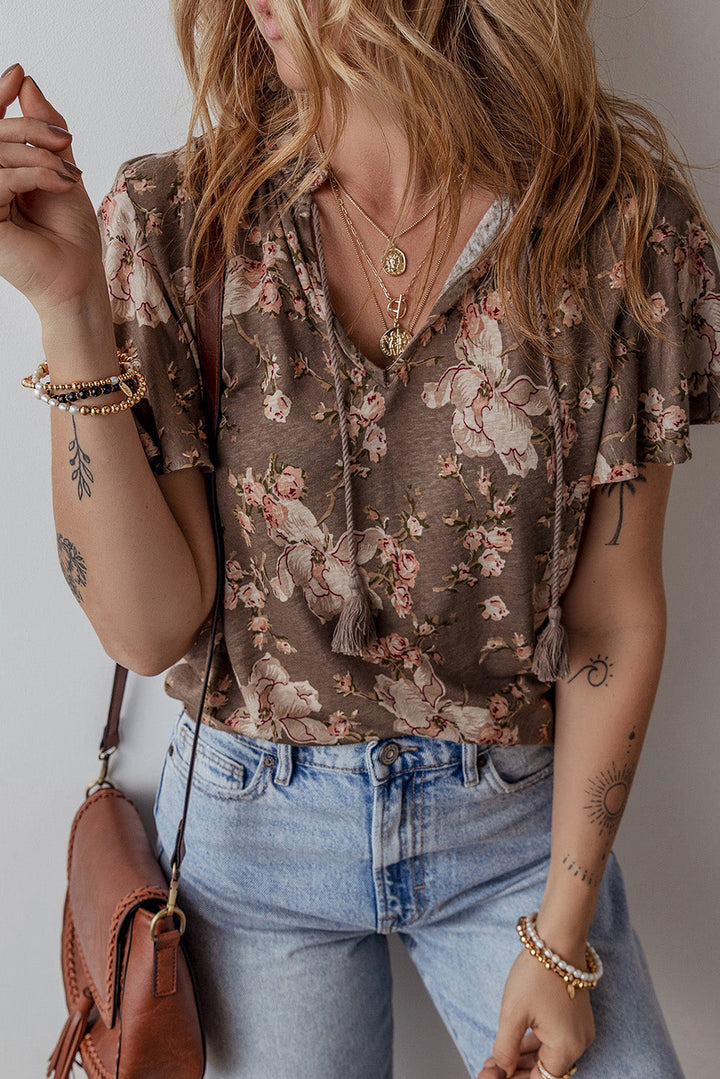 retro floral print tassel tie split neck short sleeve blouse