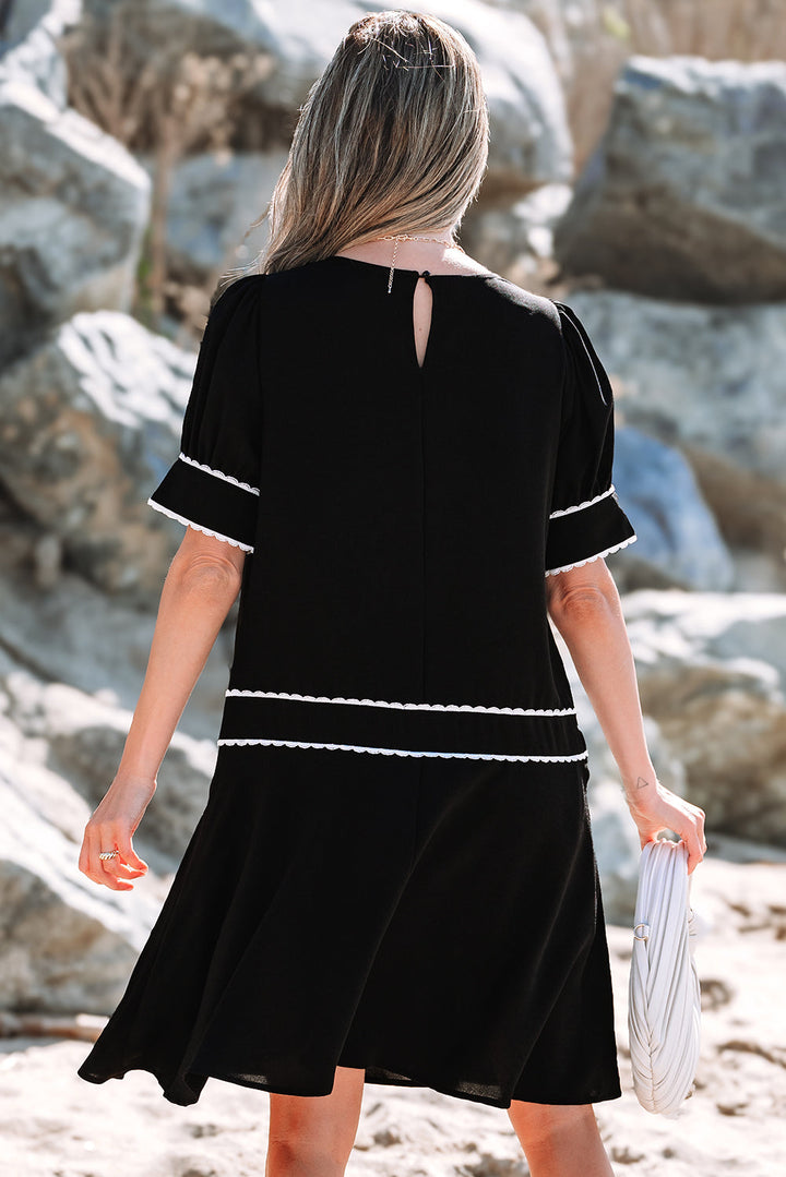 Contrast Scallop Trim Bow Detail Half Sleeve Shift Dress