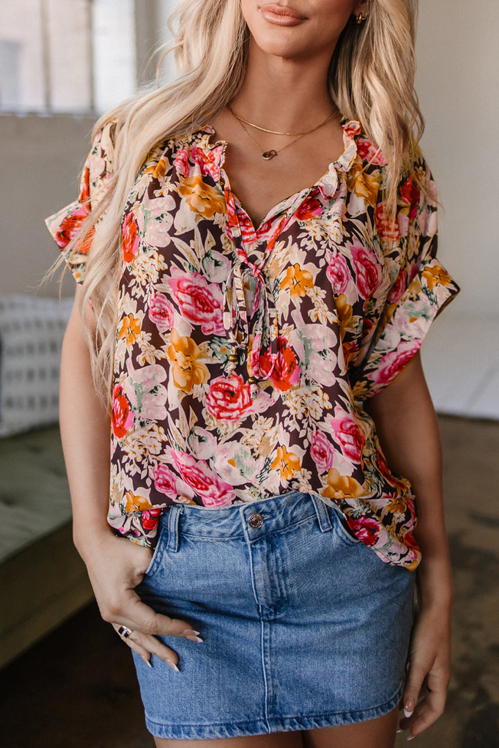 Floral Print Crew Neck Short Sleeve Shift Blouse