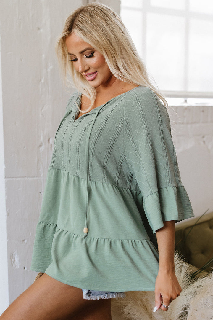 tie split neck textured ruffle patchwork blouse