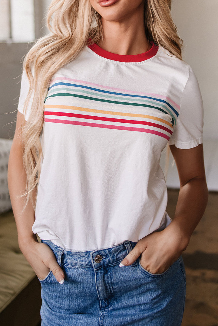 Rainbow Stripe Print Contrast Crewneck T Shirt