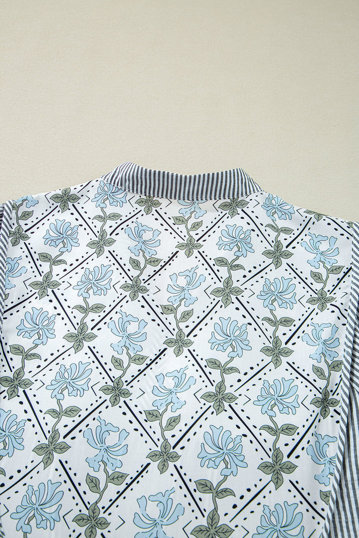 Floral Patchwork Tied V Neck Shift Long Sleeve Mini Dress