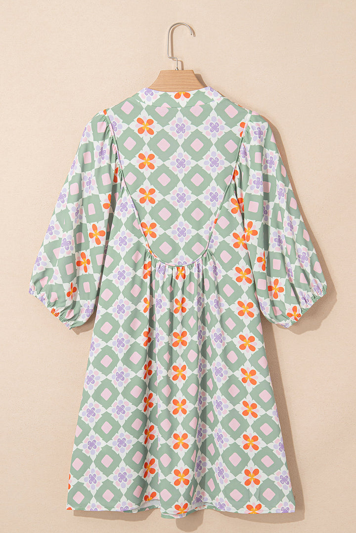 geometric floral print 3 4 sleeve notched neck mini dress