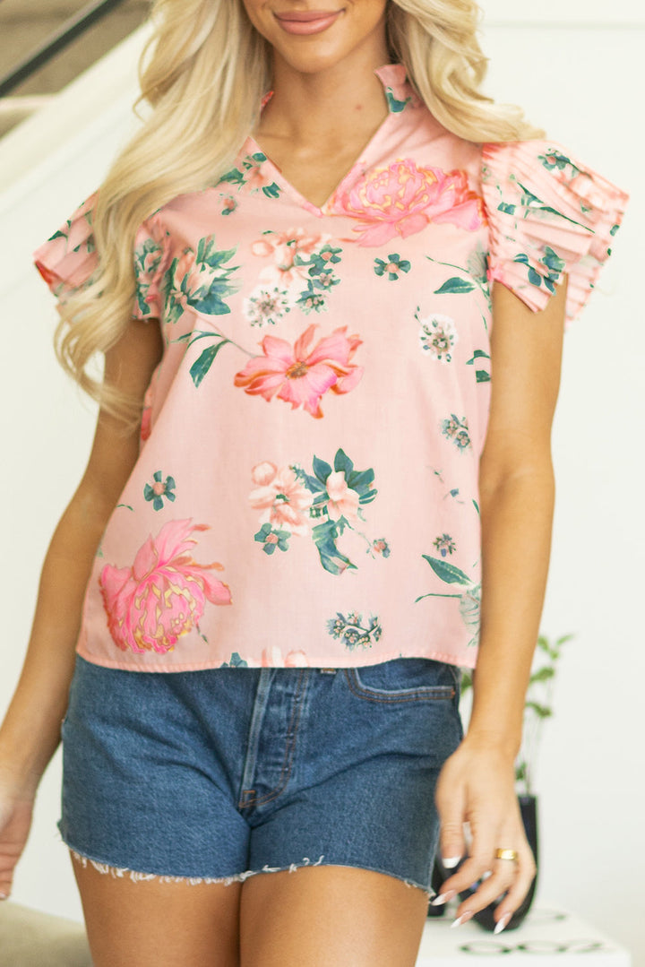 floral print frilled v neck pleated sleeve blouse