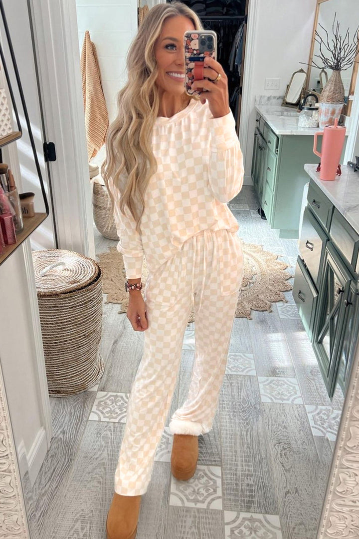 checkered print long sleeve top and pants lounge set 1