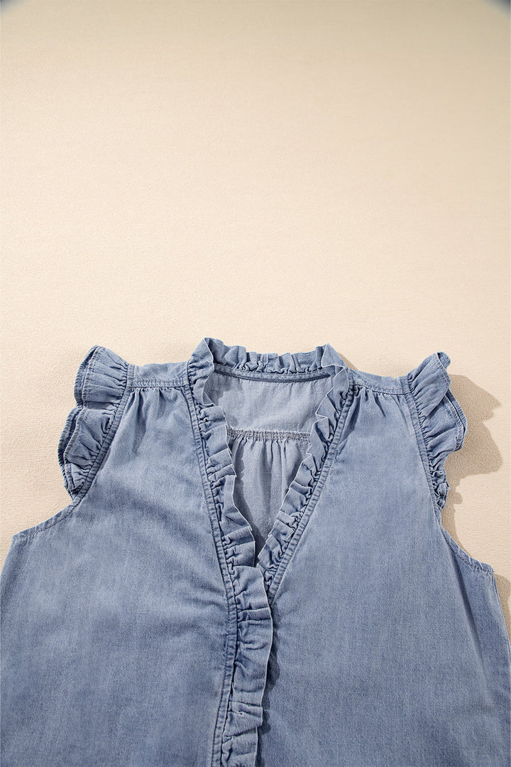 Frilly Ruffle Trim V Neck Chambray Tank Top