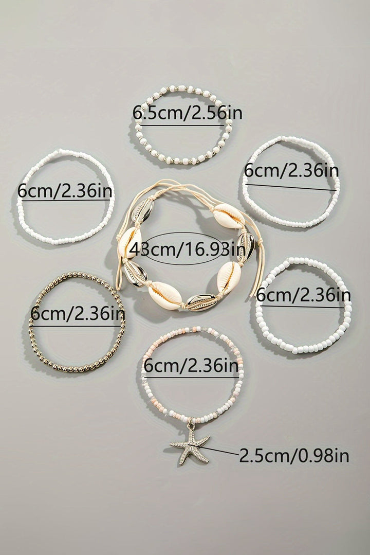 7-teiliges Perlenarmband-Set mit Seesternen und Muscheln
