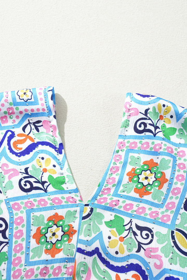 Boho Floral Printed Rhinestone 3/4 Sleeve Open Front Kimono