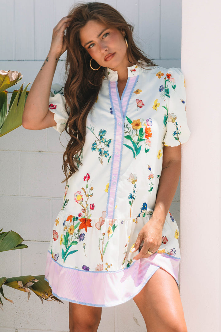 Floral Print Contrast Striped Patchwork Short Puff Sleeve Dress