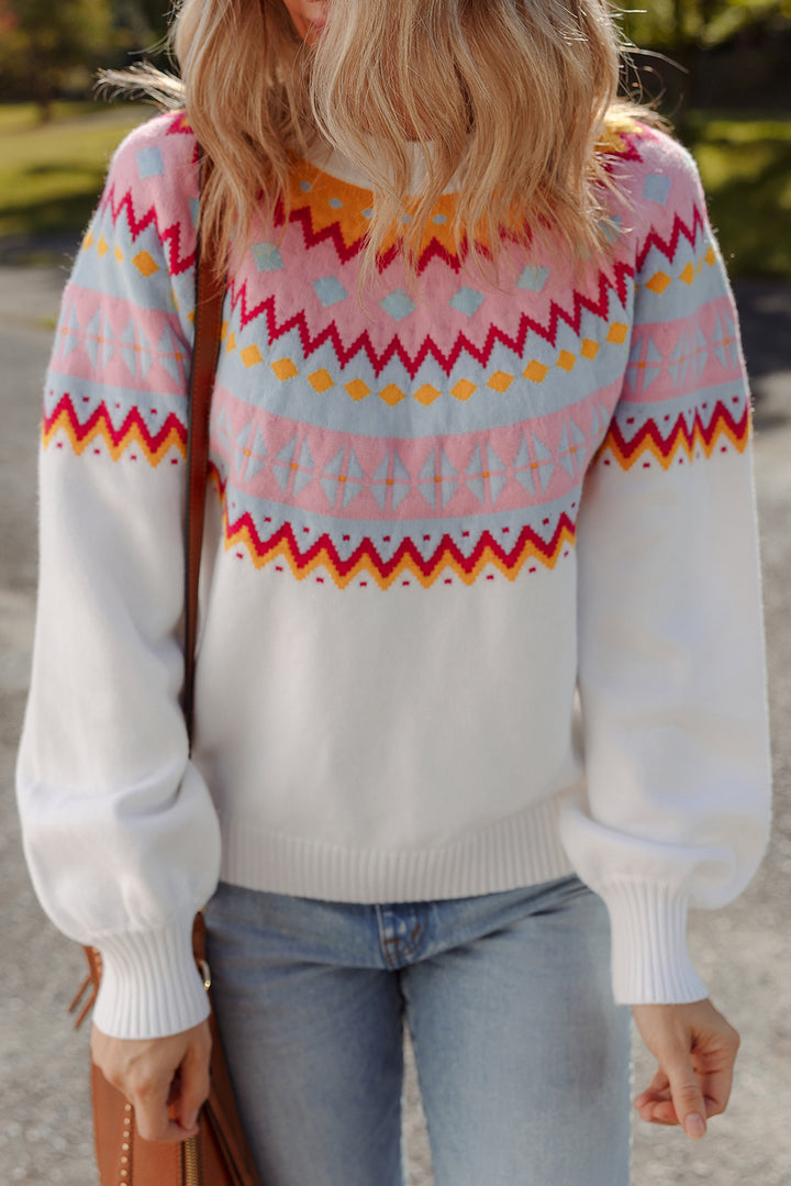 Ethnic Geometric Colorblock Print Drop Shoulder Sweater