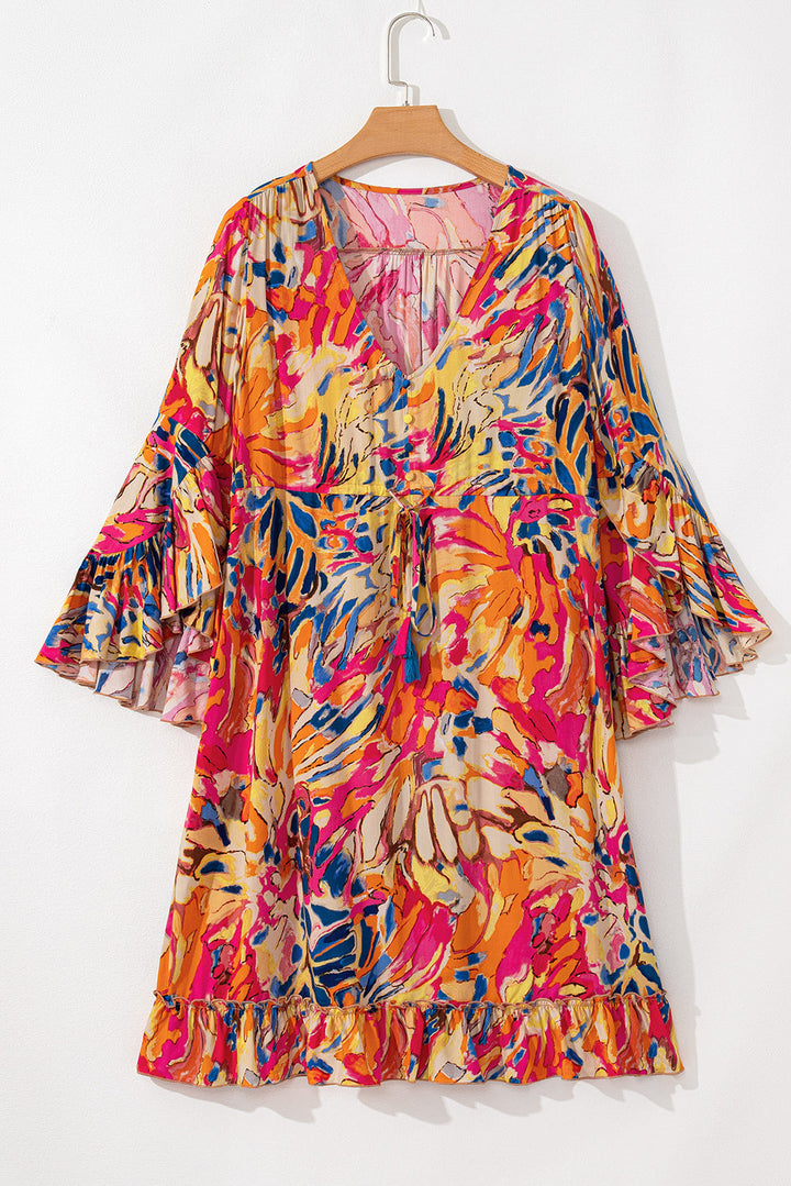 Plant Print Flared Sleeve Ruffled Hem Tunic High Waist Flowy Dress