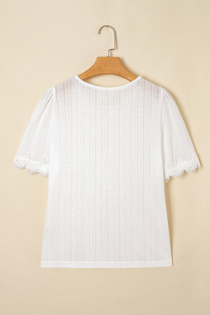 scalloped lace trim jacquard textured t shirt