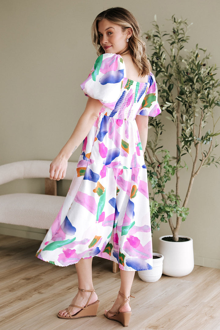 Abstract Print Puff Sleeve Smocked Back Midi Dress
