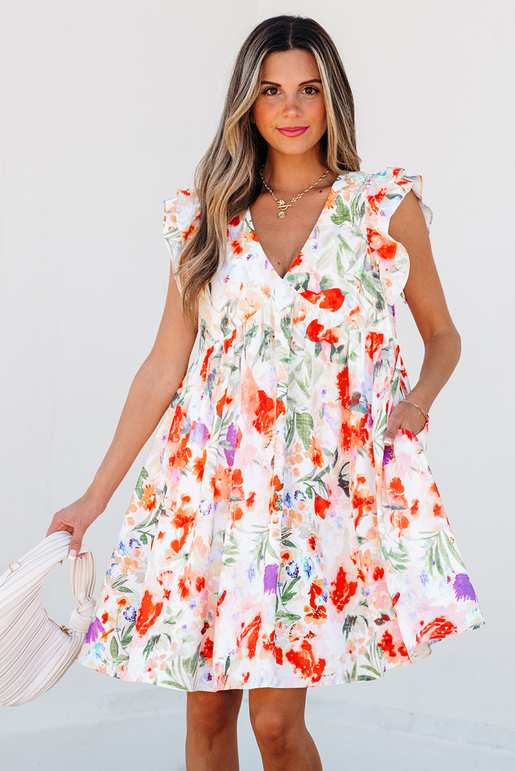Floral Double Ruffle Sleeve V Neck High Waist Mini Dress