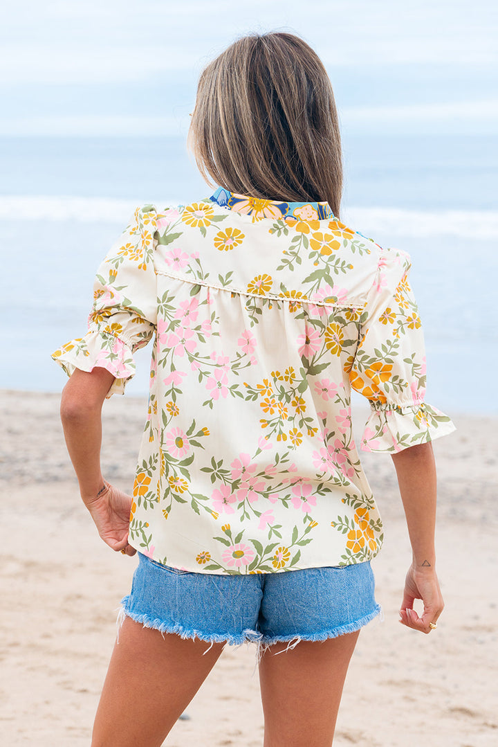crochet v neck half sleeve boho floral blouse