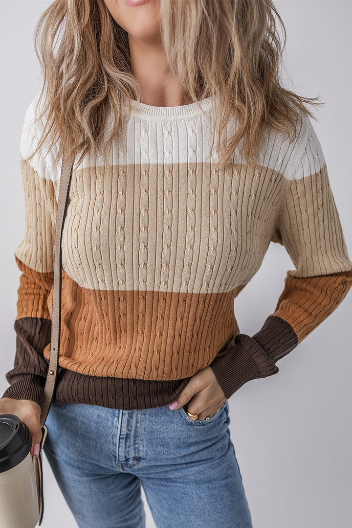 Colorblock Cable Knit Round Neck Sweater