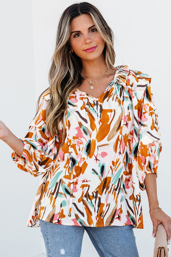 Abstract Print Drawstring Frilled V Neck 3/4 Sleeve Blouse