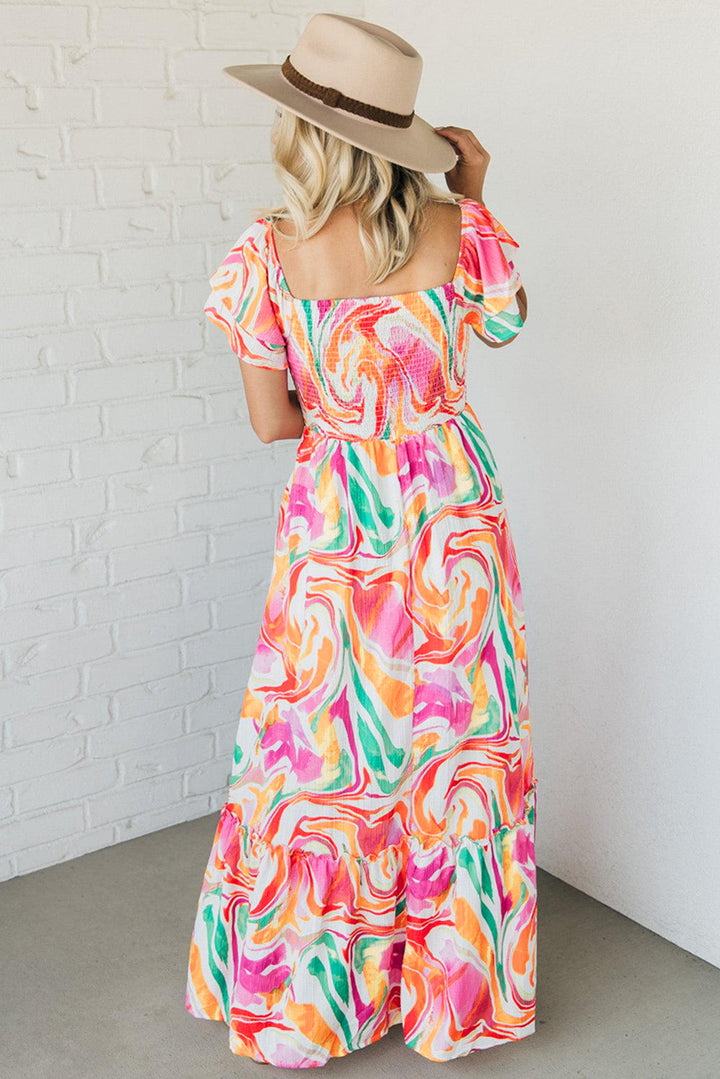 Abstract Print Ruffled Sleeve Smocked Bust Maxi Dress