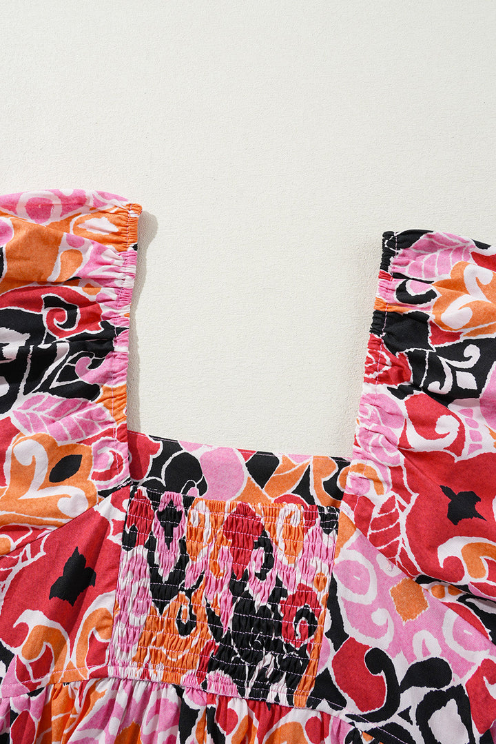 Bohemian Square Neck Puff Sleeve Mini Dress