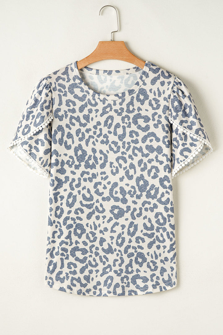 leopard round neck lace trim petal sleeve t shirt