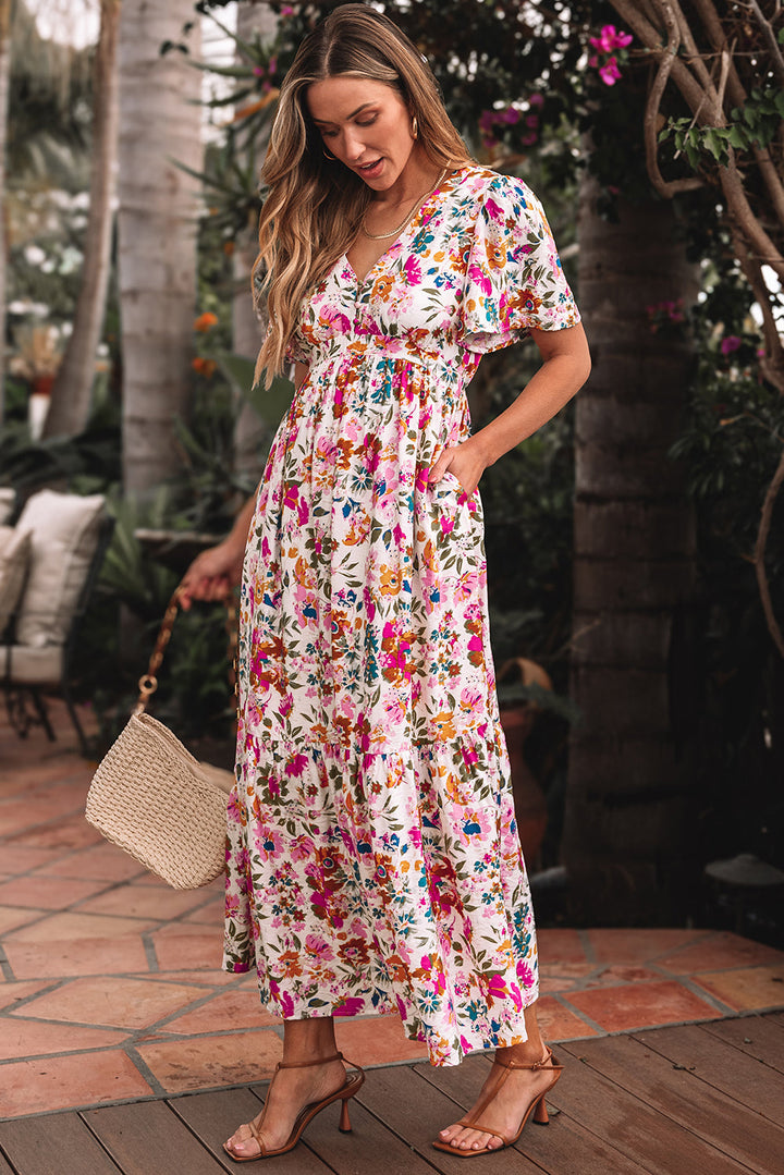Floral Short Sleeve V Neck High Waist Maxi Dress