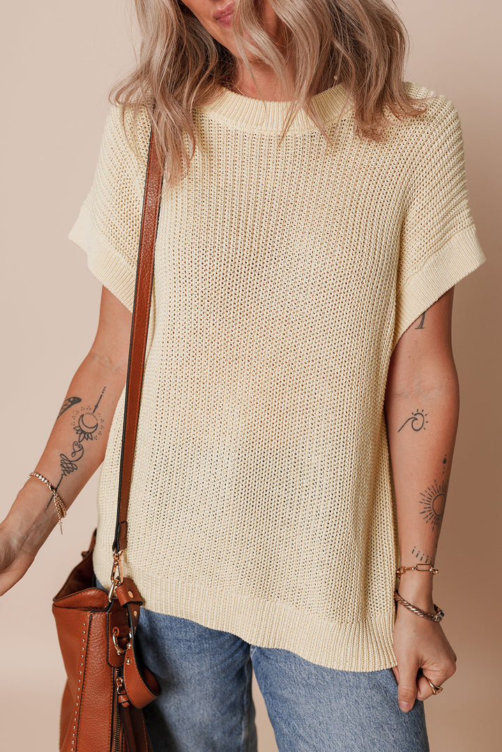 Solid Color Batwing Short Sleeve Round Neck Knit T Shirt
