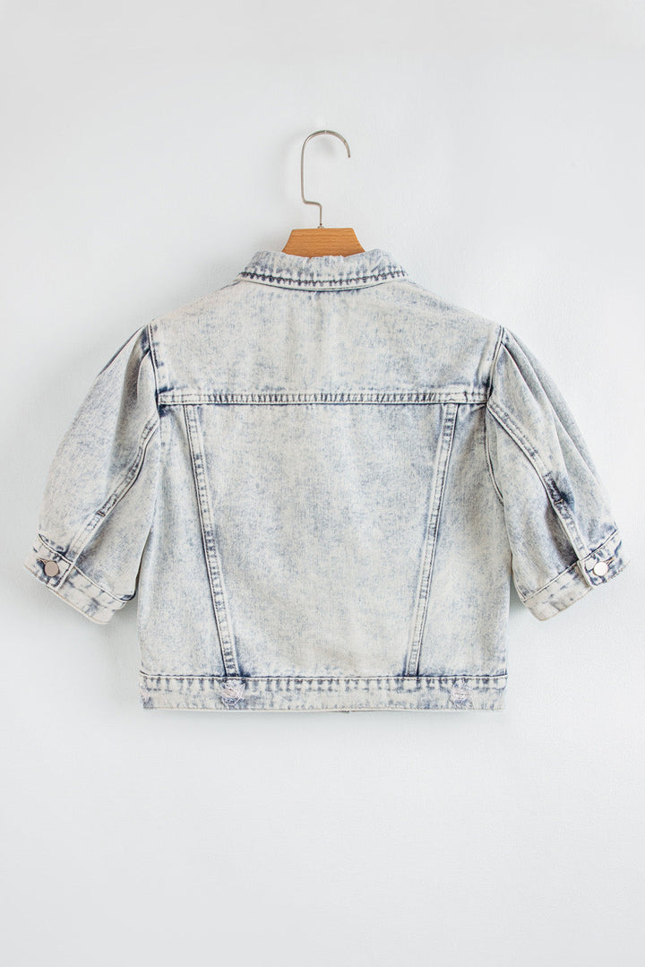 light wash buttoned chest pocket puff sleeve denim jacket