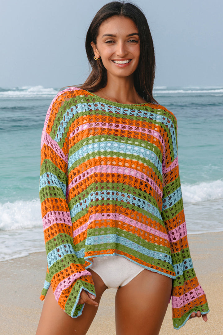 multi stripe open knit sweater beach cover up 1