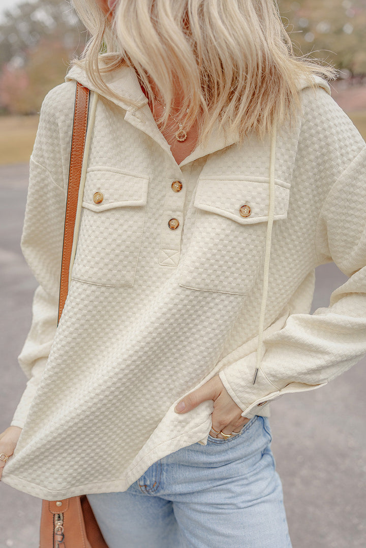 Textured Buttoned Neckline Side Pockets Hoodie