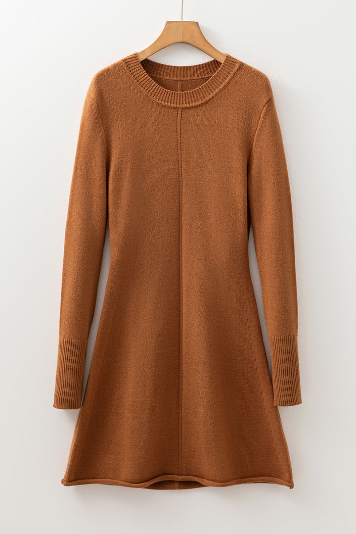 Ribbed Detail Solid Color Mini Sweater Dress