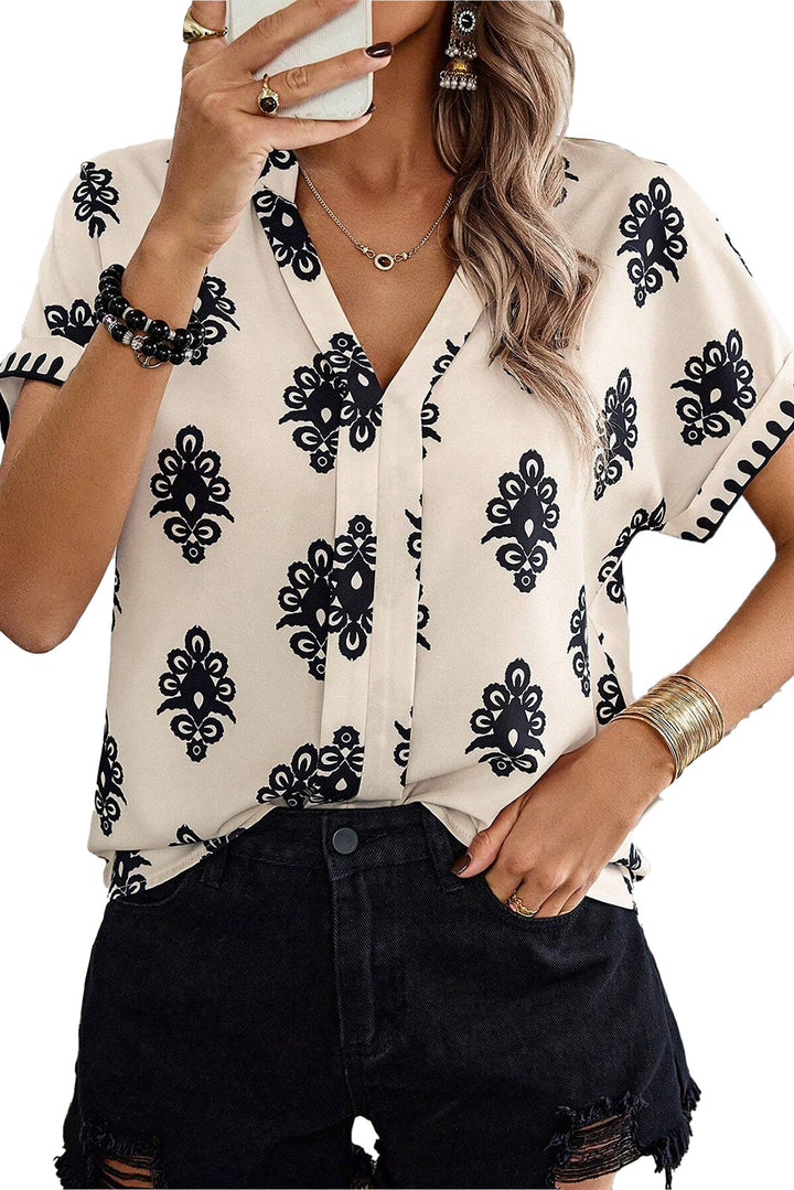 Geometric Print Short Sleeve V Neck Blouse