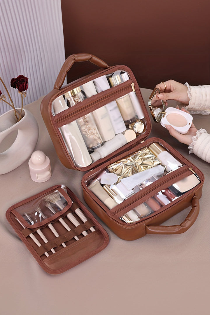 Trousse de maquillage en cuir PU à carreaux avec plusieurs compartiments